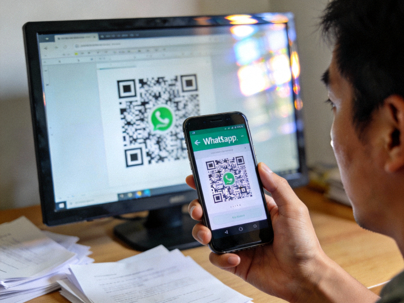 用户正在手机上打开WhatsApp扫描电脑屏幕上的二维码